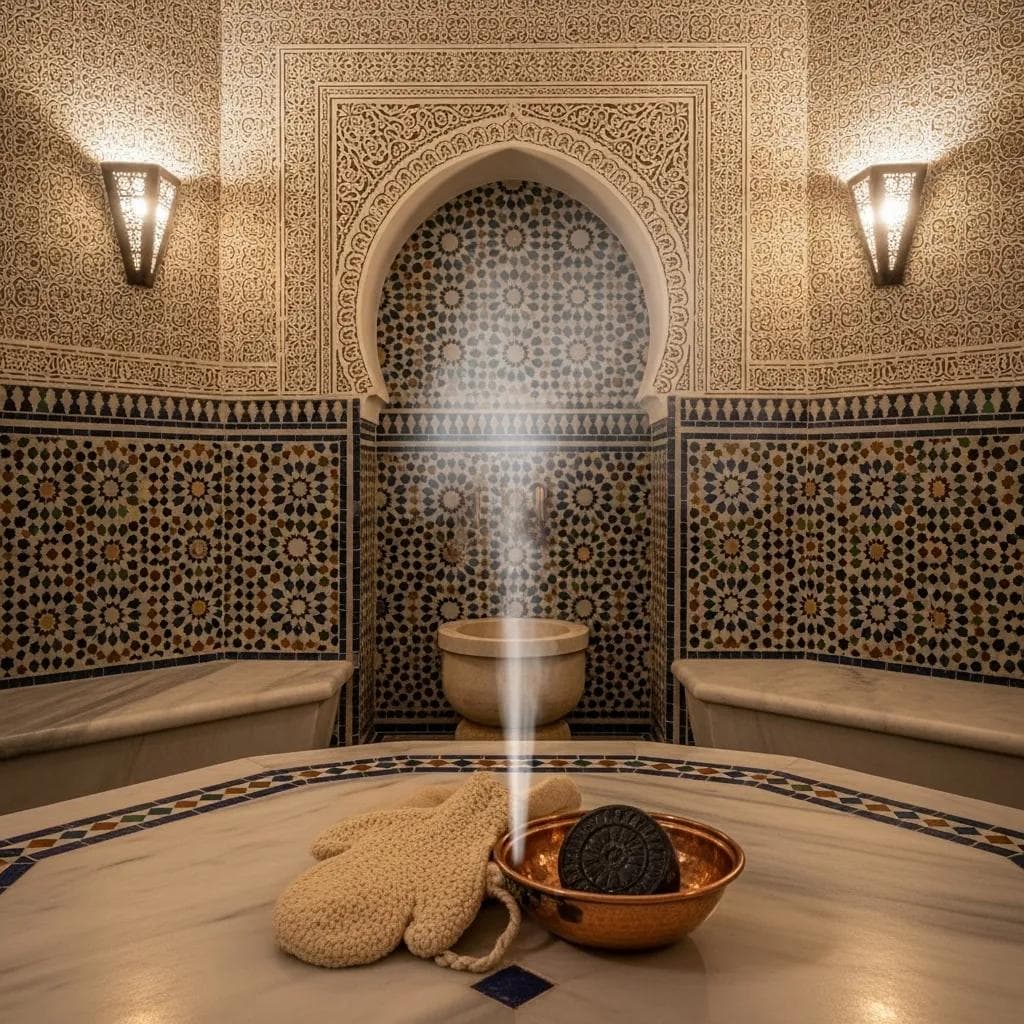 Interior of a Moroccan hammam with steam, zellige tiles and traditional wellness products