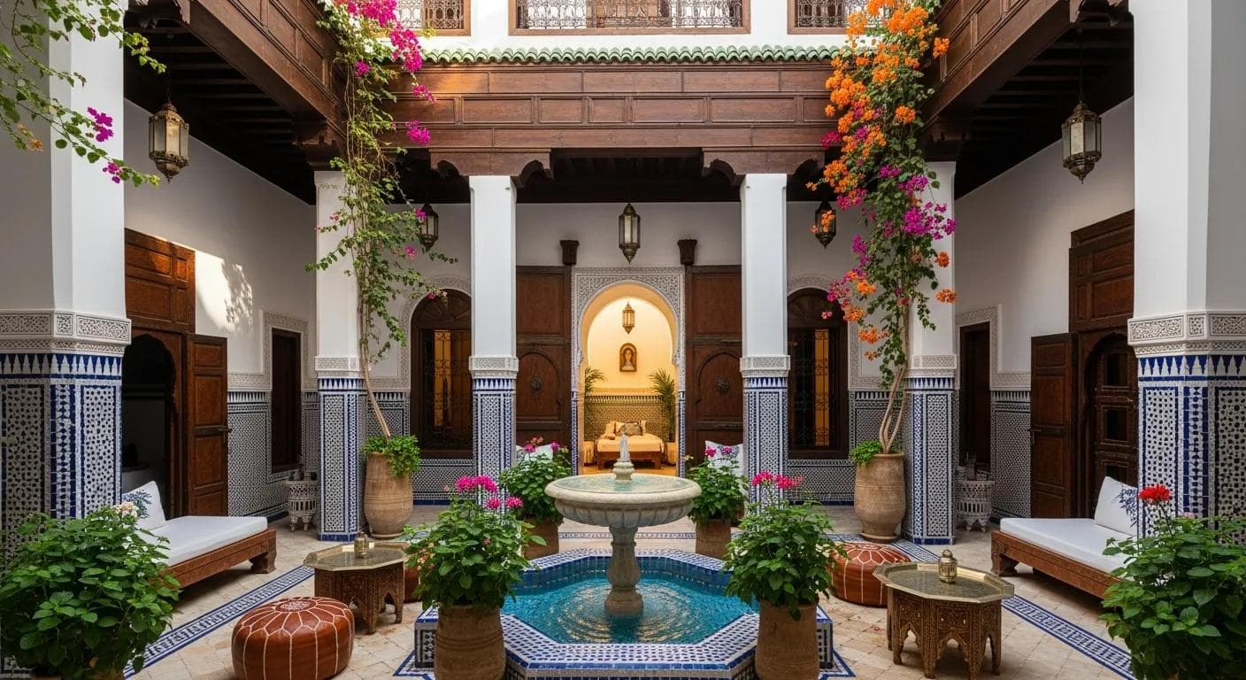 Essaouira riad courtyard and rooftop view